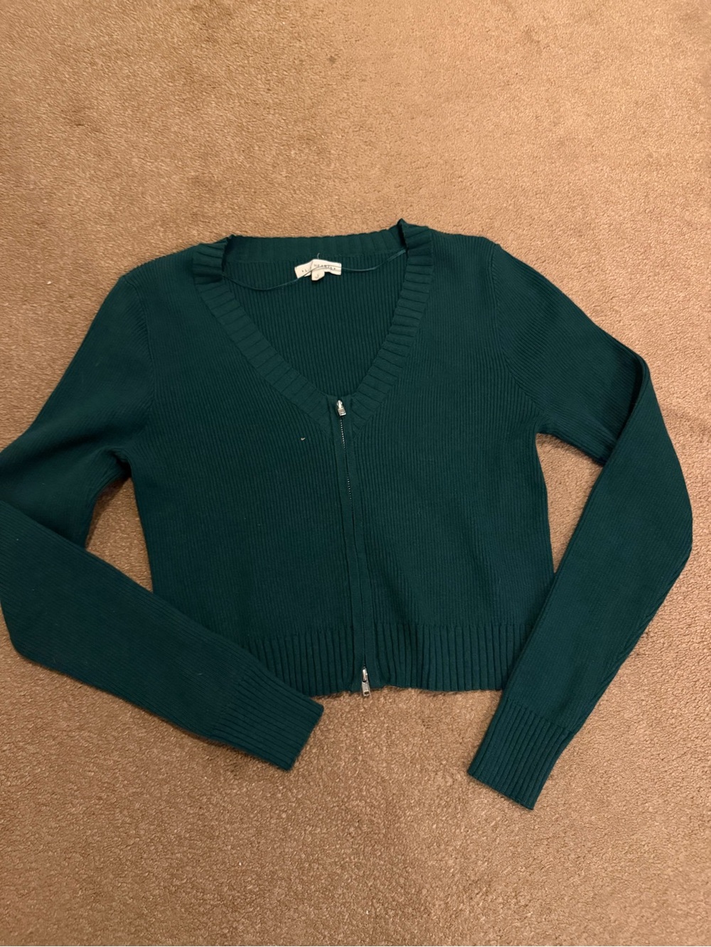 Women’s Deep Teal V-Neck Zip Cropped Cardigan Sweater